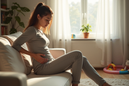 Jeune maman se relaxant sur un canapé en massant sa hanche