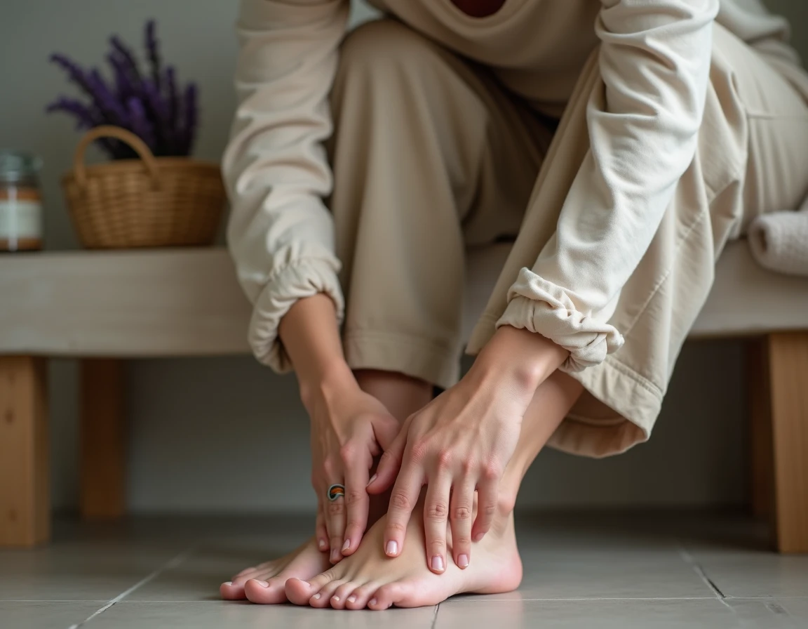 Femme se massant le talon avec un baume fait maison pour traiter naturellement l'épine calcanéenne par automassage