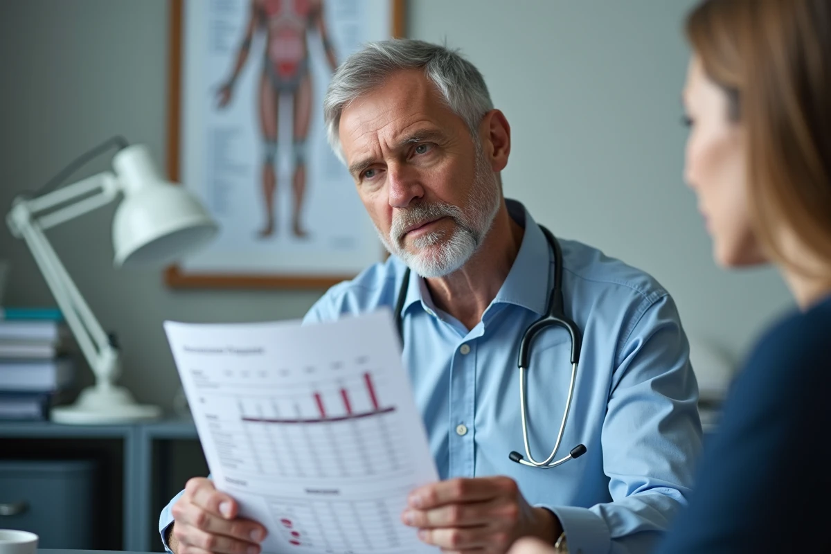 Médecin généraliste analysant un bilan sanguin révélant des globules blancs élevés lors d'une consultation médicale