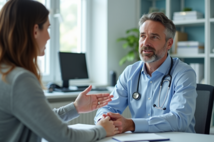Médecin homme en consultation avec une femme dans un cabinet médical