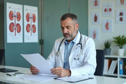 Medecin en consultation examinant un dossier médical