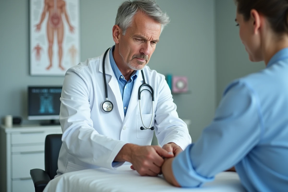 Médecin examinant la peau d'un patient lors d'une consultation dermatologique pour évaluer des symptômes de démangeaisons
