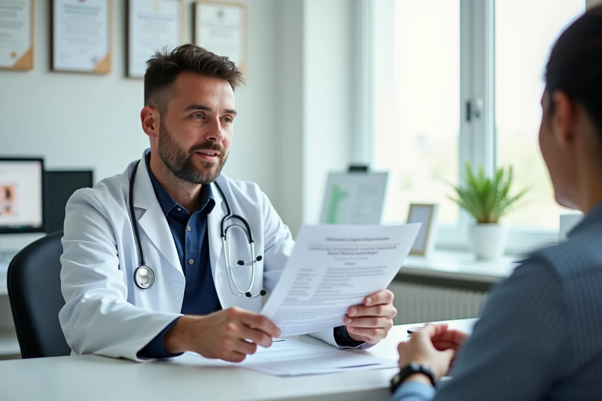 Médecin généraliste expliquant les résultats d'analyse sanguine TCMH élevé à un patient dans son cabinet médical
