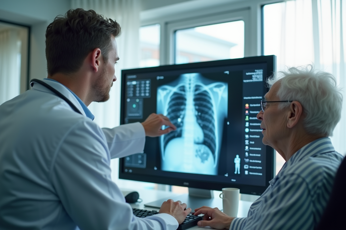 Medecin montrant des rayons X pulmonaires à un patient âgé