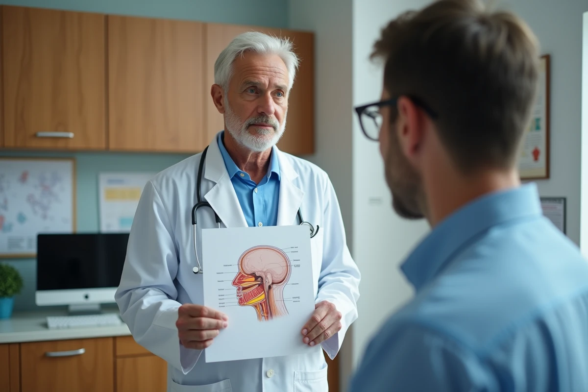 Medecin en consultation expliquant un diagramme nerveux