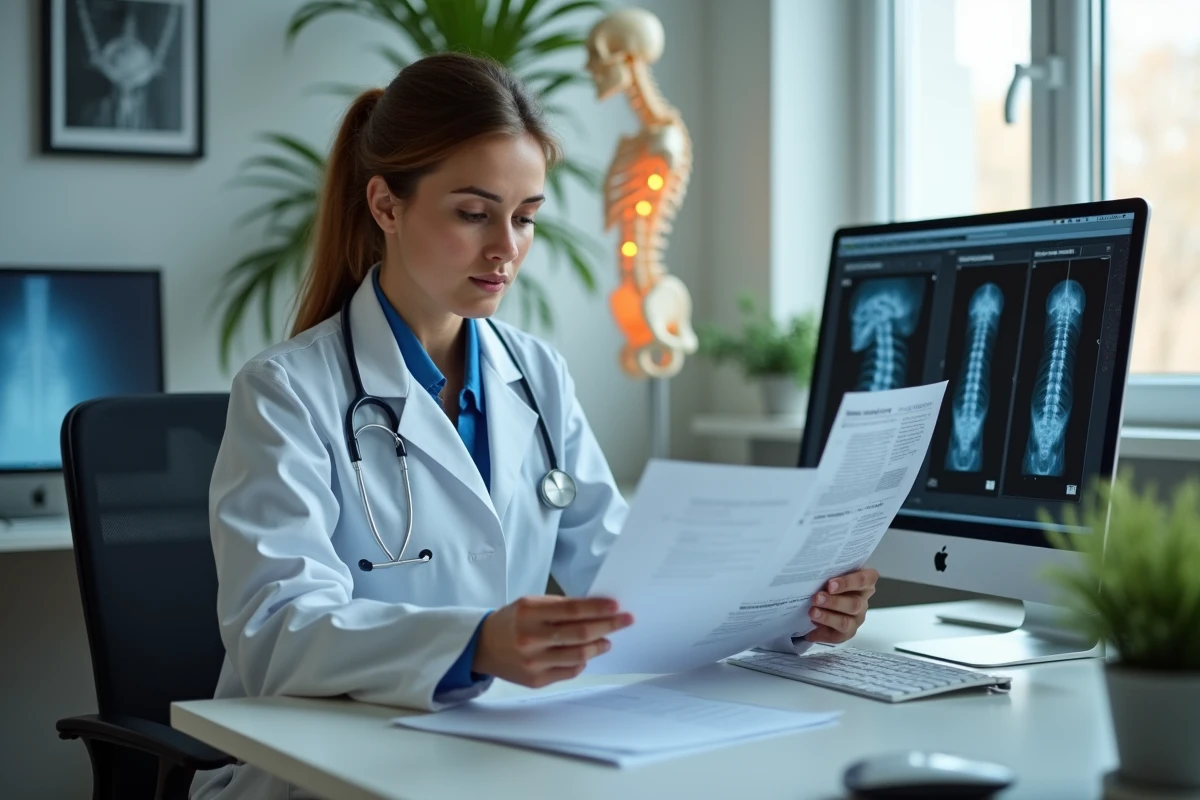 Medecin femme examine radiographies de la colonne