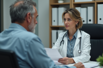 Medecin femme en consultation avec patient homme dans son bureau