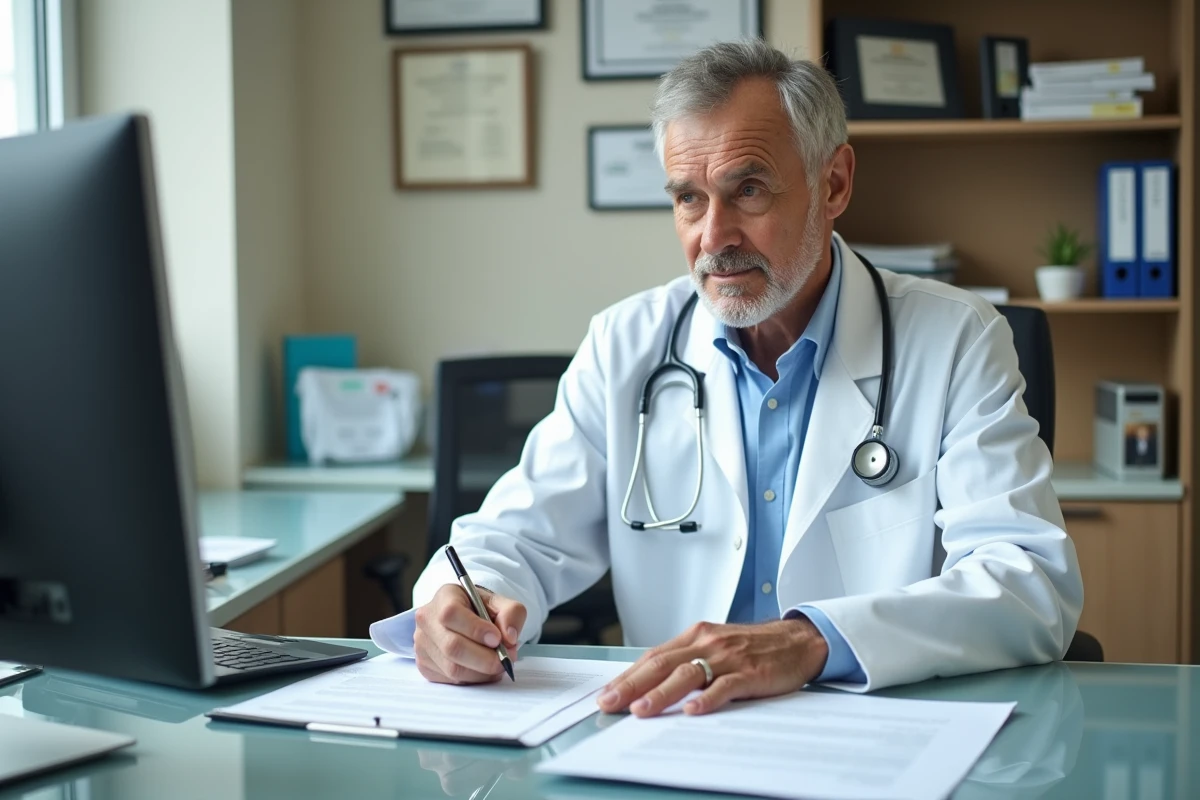 Médecin généraliste remplissant un formulaire de prolongation d'arrêt maladie en cabinet