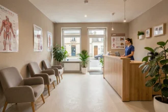 Salle d'attente d'un cabinet de kinésithérapie moderne dans le Loiret, avec des chaises ergonomiques, des affiches anatomiques et un accueil professionnel
