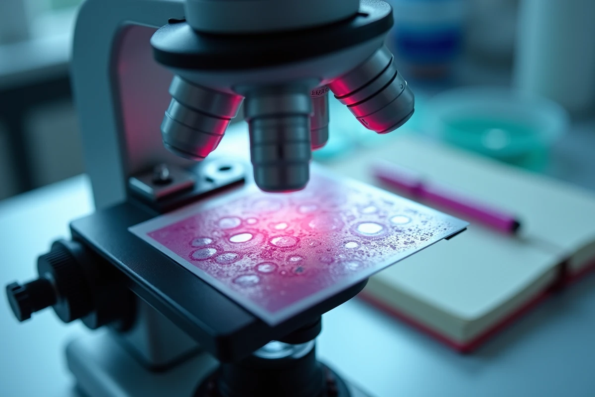 Gros plan sur un microscope d'analyse sanguine utilisé pour identifier une leucocytose ou un excès de globules blancs