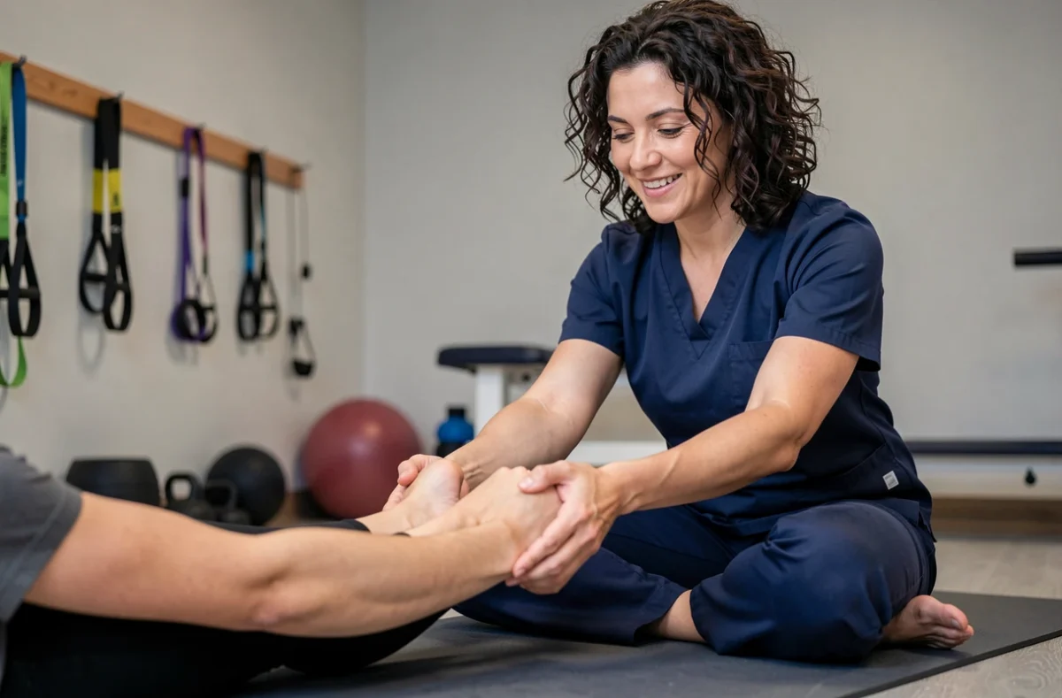 Nadia Errahali, kinésithérapeute à Orléans, guidant une patiente dans un exercice d'étirement thérapeutique dans une salle de rééducation équipée