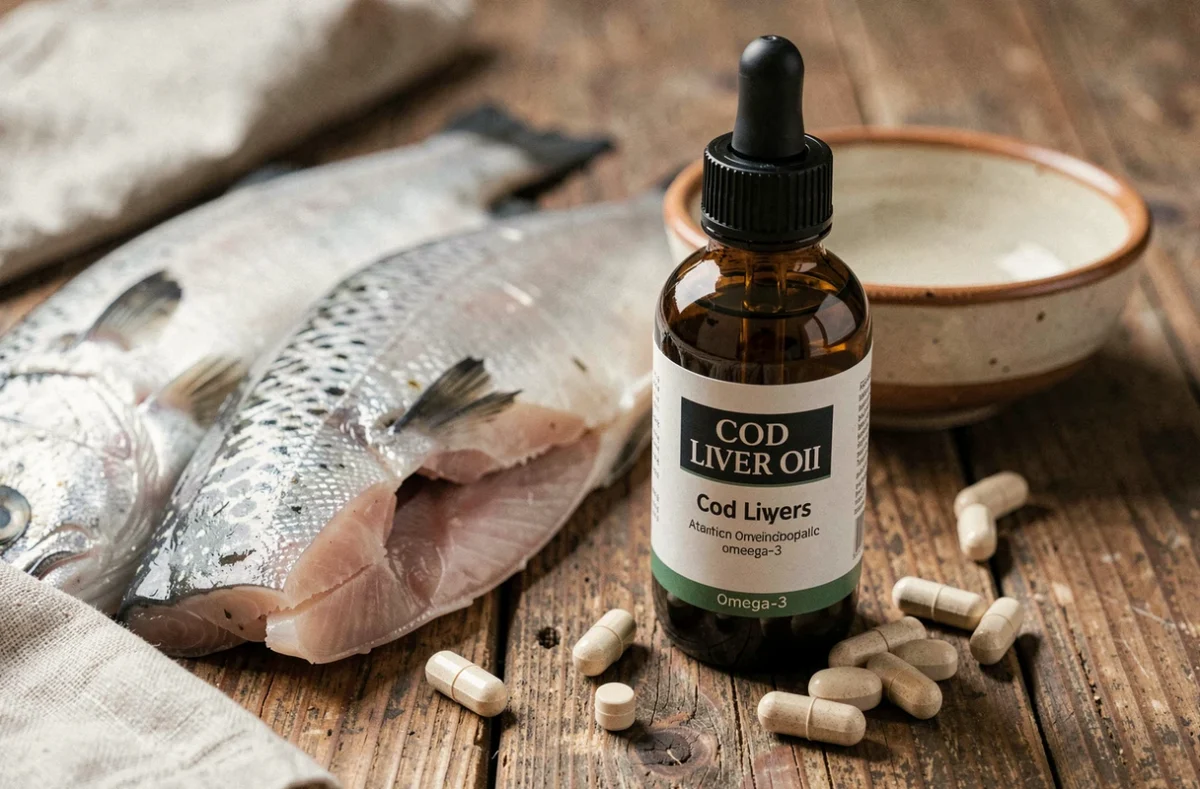 Nature morte avec un flacon d'huile de foie de morue, des capsules oméga-3 et des morceaux de morue fraîche sur une table en bois
