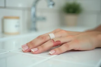 Main de femme avec un doigt bandé montrant un ongle arraché en cours de cicatrisation sur un plan de salle de bain blanc