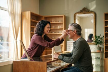 Opticienne de quartier aidant un client à essayer des lunettes dans une boutique chaleureuse et accueillante