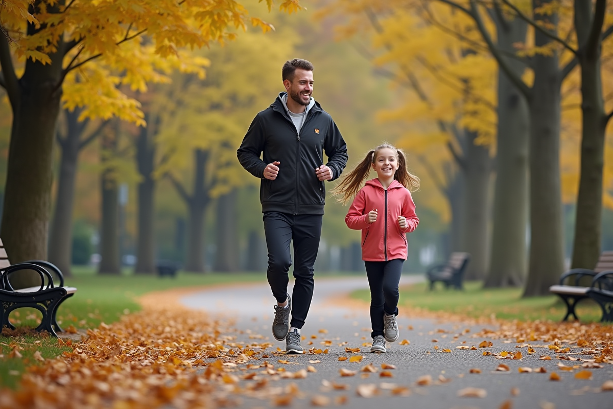 Père et fille courant dans un parc en automne en tenue sportive