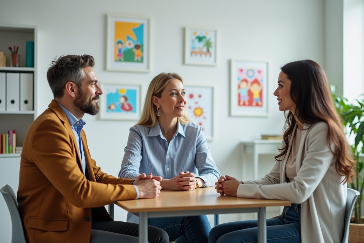 Parents discutant avec une assistante sociale en clinique