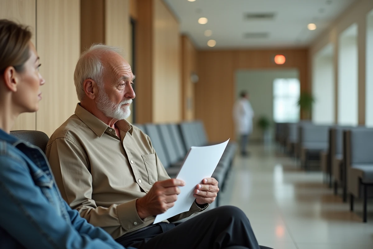 Homme âgé attendant en milieu hospitalier accompagné de sa fille avant une consultation pour troubles de la mémoire et IRM