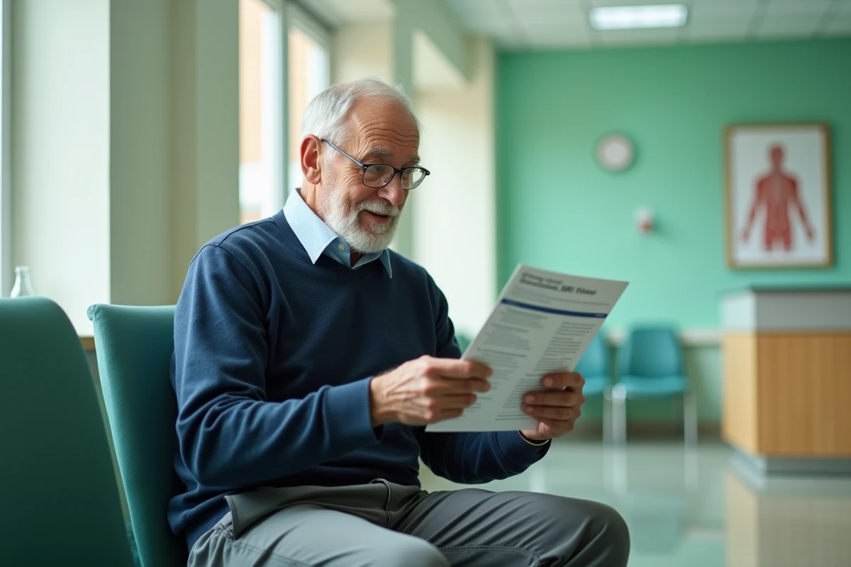 Patient âgé lisant une brochure sur l'IRM dans une salle d'attente hospitalière