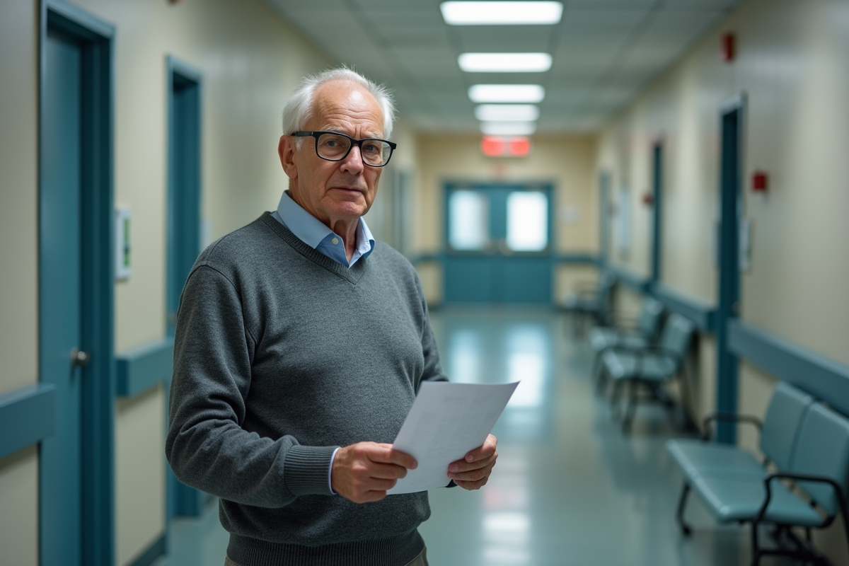 Patient homme dans le couloir de la clinique tenant une lettre