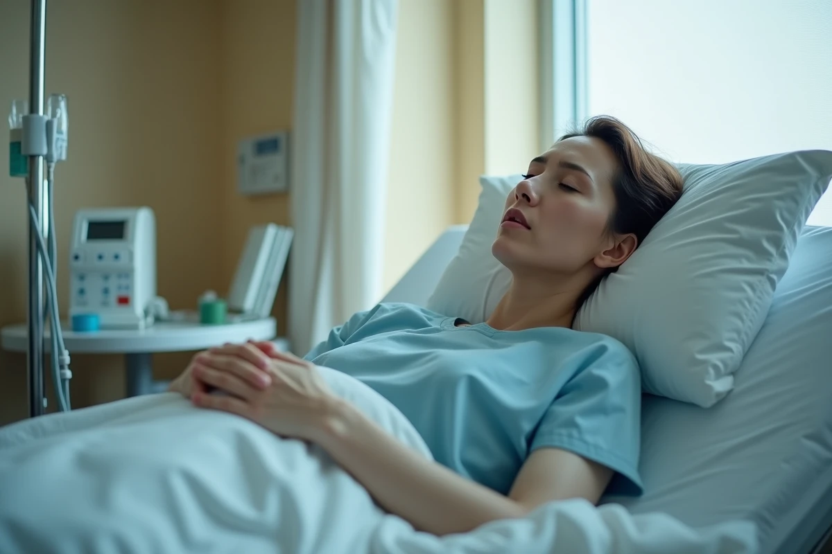 Patiente en salle de réveil hospitalière, visage crispé, illustrant les effets secondaires du sommeil et des cauchemars après une anesthésie générale