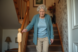 Femme agee montant des escaliers avec rampe dans une maison
