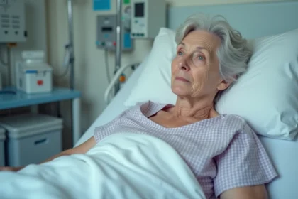 Femme agee allongee sur lit d'hopital avec zone rouge au dos