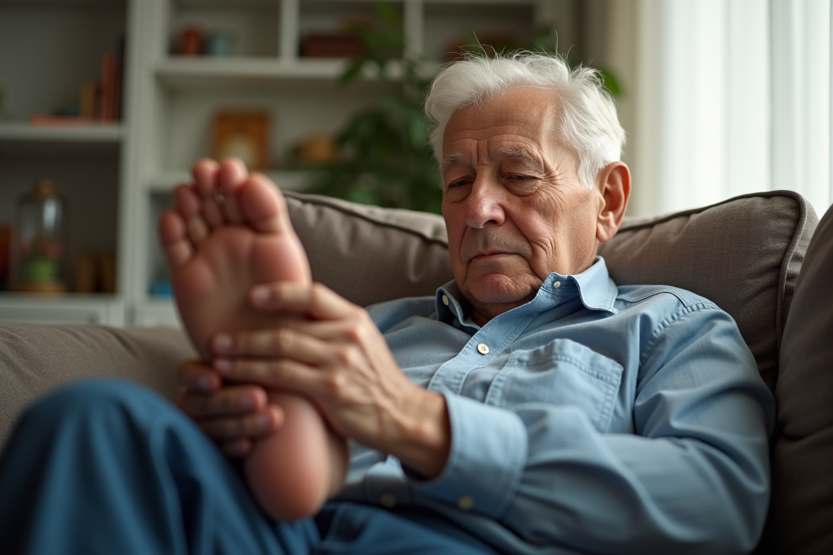 Personne agee assise sur un sofa inspectant son pied dans la lumiere naturelle