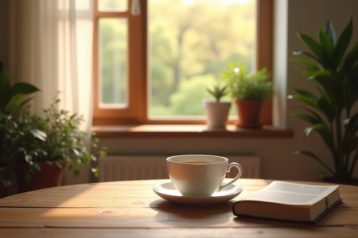 Intérieur cosy avec tasse de thé et lumière du matin dans une maison