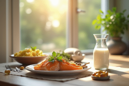Table de petit déjeuner ensoleillée avec saumon et œufs