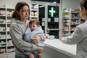 Mère portant son enfant malade dans une pharmacie de garde la nuit à Orléans