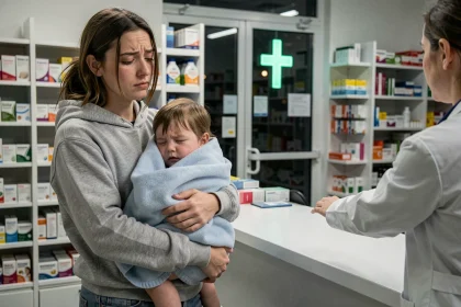 Mère portant son enfant malade dans une pharmacie de garde la nuit à Orléans
