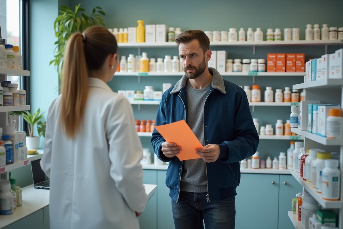 Patient discutant avec une pharmacienne de l'efficacité de son traitement en fer pour corriger un CCMH bas dans une pharmacie moderne