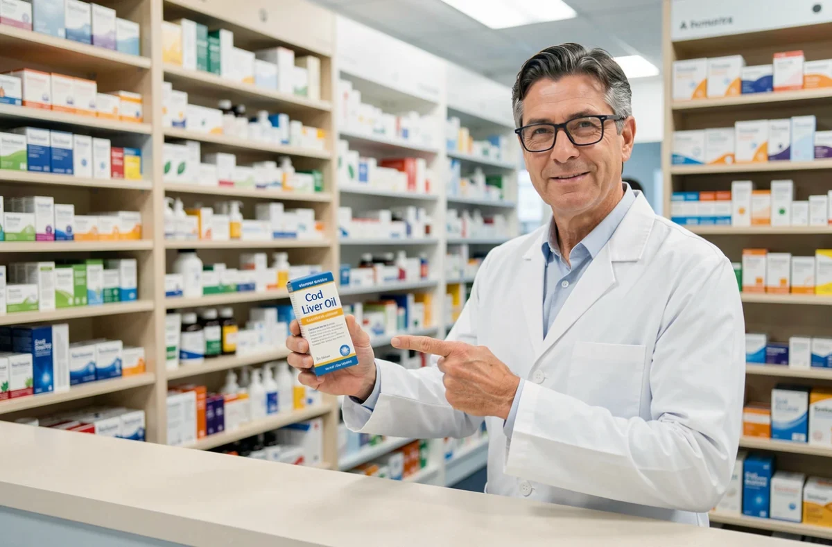 Pharmacien montrant l'étiquette d'une boîte de complément alimentaire à base d'huile de foie de morue dans une pharmacie