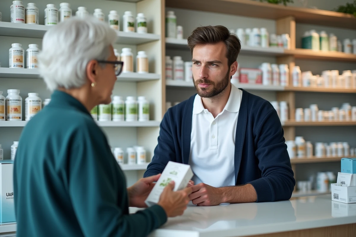 Jeune pharmacien expliquant un complément à un client âgé