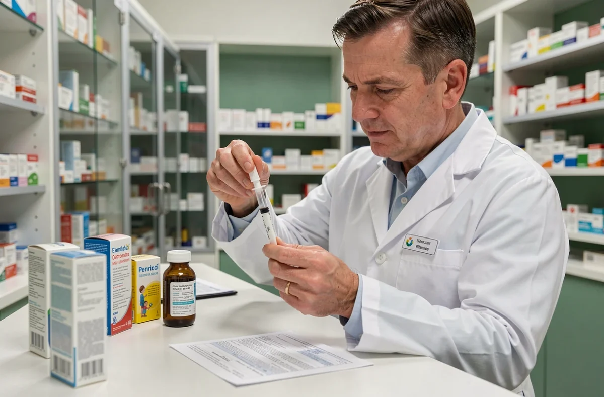 Pharmacien de garde préparant un médicament pédiatrique pour un enfant malade à Orléans