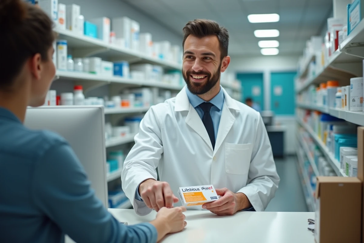 Pharmacien remet médicaments au client en pharmacie