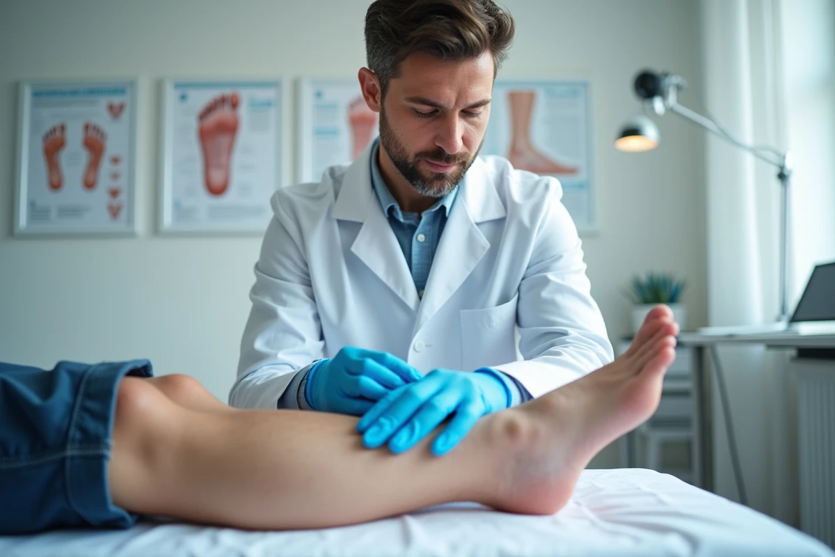 Podologue examinant le talon d'un patient pour diagnostiquer un éperon calcanéen dans un cabinet médical