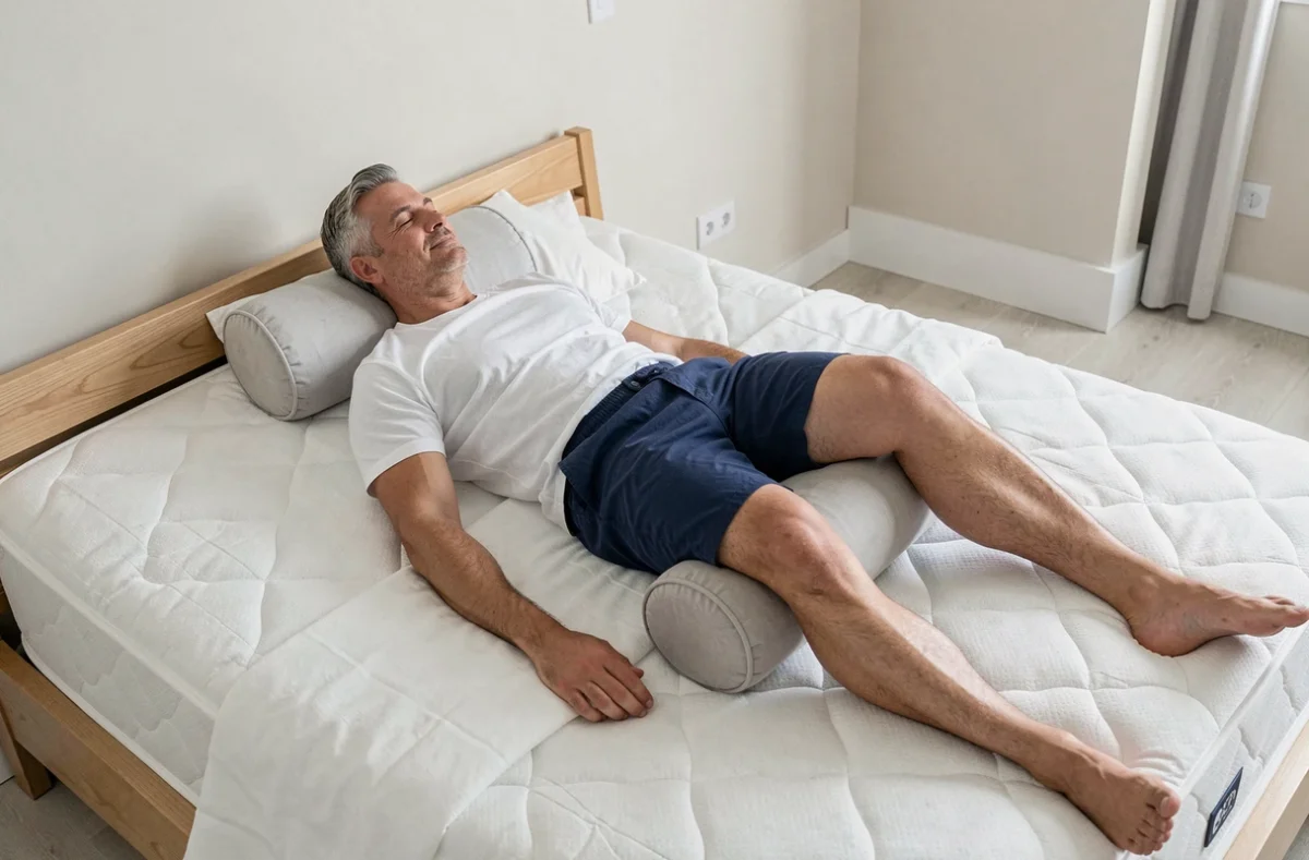 Homme allongé sur le dos avec un coussin cylindrique sous les genoux pour réduire la pression sur les pattes d'oie