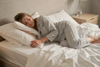Femme dormant sur le côté avec un oreiller entre les genoux pour soulager les douleurs aux pattes d'oie du genou