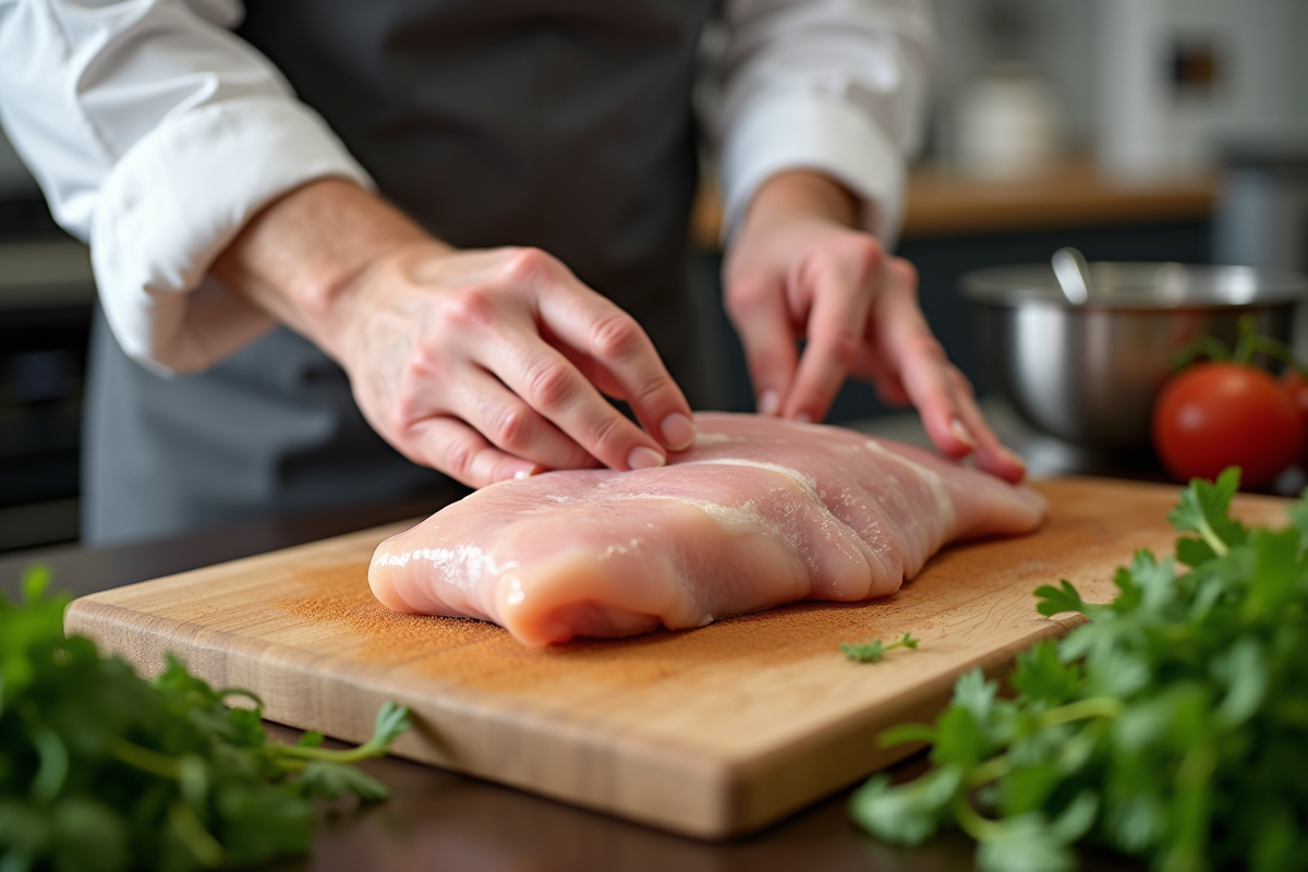 Chef préparant un blanc de poulet cru dans une cuisine lumineuse