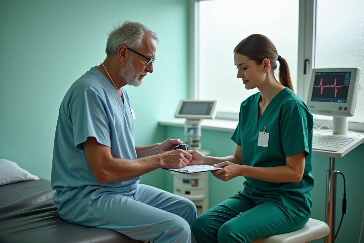 Patient en préparation préopératoire avant anesthésie générale, infirmière expliquant les risques et le formulaire de consentement