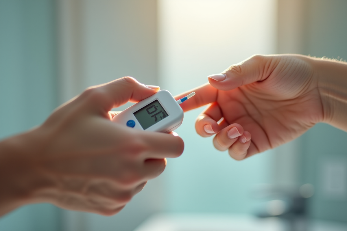 Prise de sang avec moniteur de glucose dans une salle de bain lumineuse