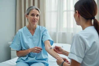 Femme en blouse médicale se faisant faire une prise de sang dans une clinique moderne par une infirmière professionnelle
