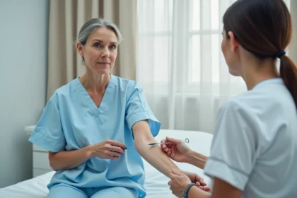 Femme en blouse médicale se faisant faire une prise de sang dans une clinique moderne par une infirmière professionnelle