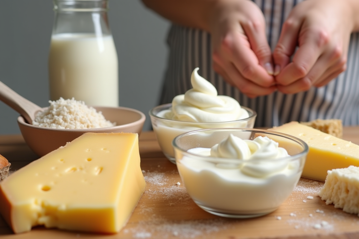 Mains grattant peau irritée à côté de produits laitiers sur table en bois
