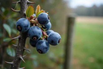 Grappe de prunelles sauvages noires et bleutées sur une branche épineuse de prunellier en automne