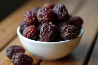 Bol de pruneaux secs posé sur une table en bois rustique, illustrant la consommation quotidienne recommandée de pruneaux