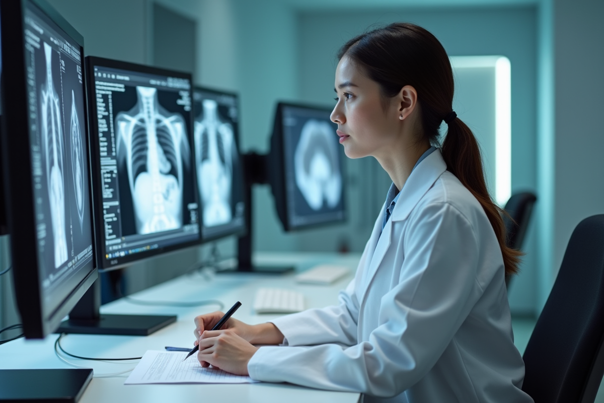 Jeune radiologue femme analysant des scans dans une salle d