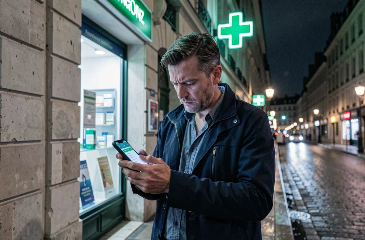 Père cherchant une pharmacie de garde ouverte la nuit sur son téléphone à Orléans