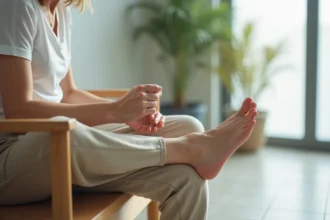 Femme d'âge mûr examinant la plante de son pied nu à la recherche d'une épine ou d'un éperon plantaire dans une salle d'attente médicale